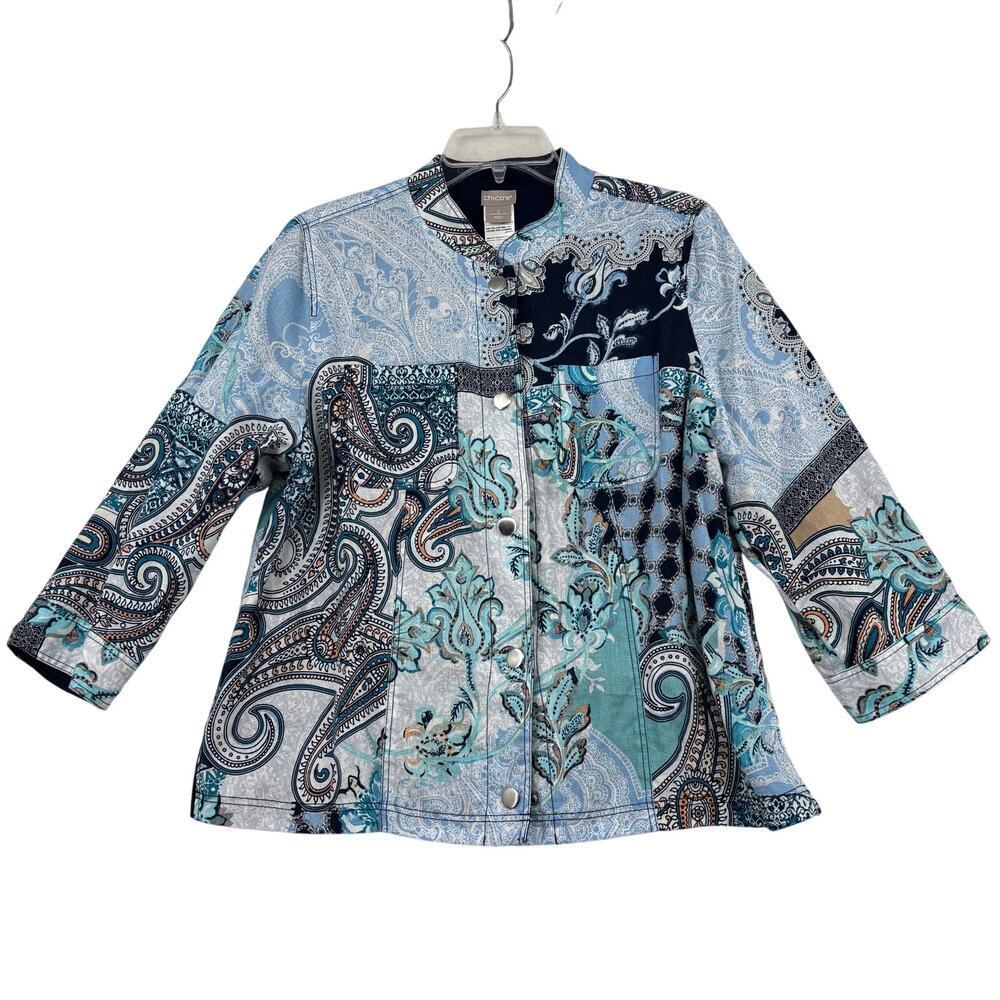 Chico's Linen Jacket Womens Size 12 Blue Print Reversible Blazer Snaps Pockets